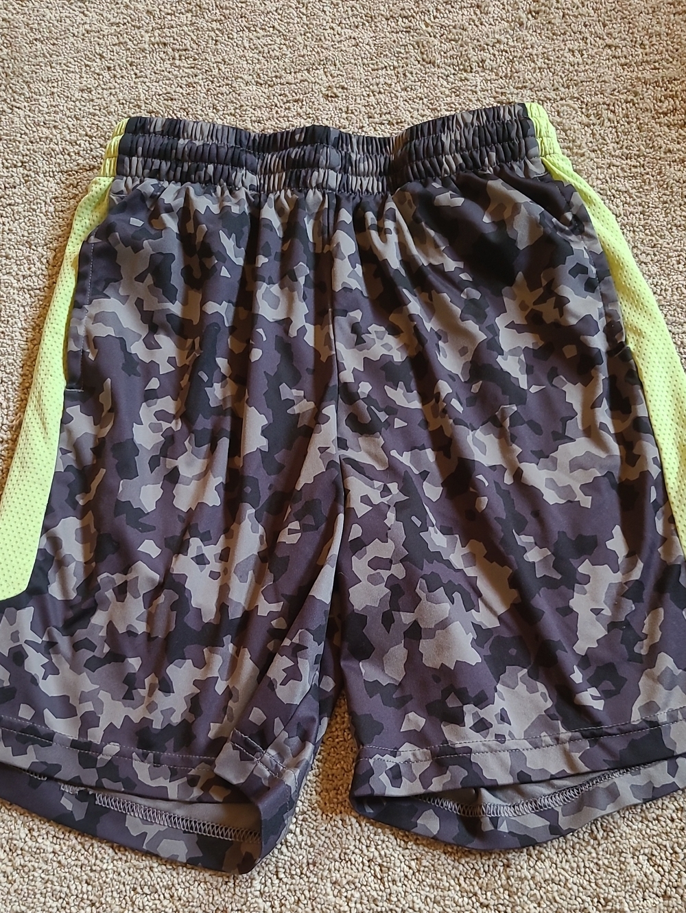 tek gear Boys Gray Camo Athletic Shorts with Neon Green Panels